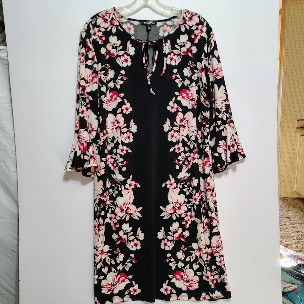 ROZ & ALI Womens Plus XL Black Floral Bell Hippie Sleeve Tie Neck Dress‎ Boho